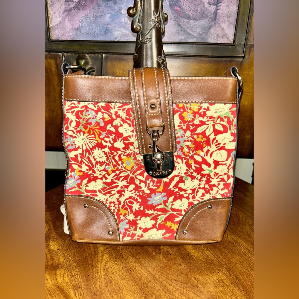 Vintage‎ Chaps Tapestry Crossbody Bag Red Gold Floral Print